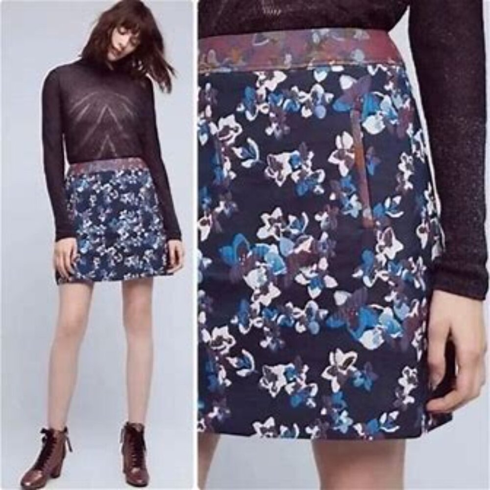 Anthropologie Maeve Cardana Purple Blue Brocade Floral Mini Skirt Size 2